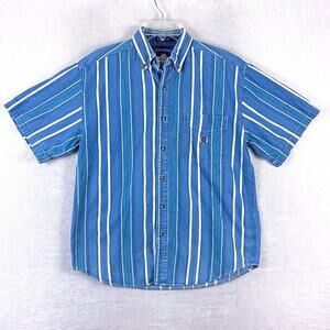 VTG Coliseum Jeans Shirt Mens M Blue Stripe Denim Embroidered Preppy Classic 90s
